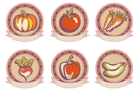 Vintage set labels, emblems of fresh vegetables. Vector Retro style Harvest graphic illustration. Farm organic product isolated on whiteのイラスト素材