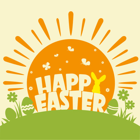 Happy easter background with text and sun and traditional decoration silhouette. Happy Easter calligraphic lettering with eggs and green flowers. Vector illustration for greeting card backgroundのイラスト素材
