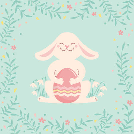 Easter rabbit and color easter egg. Cute bunny hold easter egg. Vector tender color illustration for greeting card background with floral frameのイラスト素材