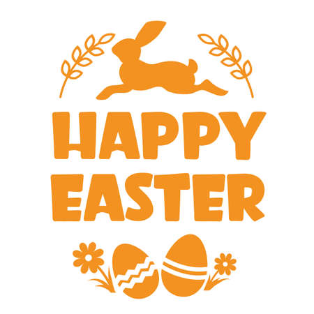 Happy easter text silhouette with rabbit and eggs decorations. Happy Easter calligraphic printable lettering. Vector illustration for greeting card or printのイラスト素材