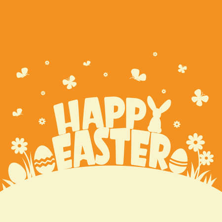 Happy easter background with text and traditional decoration silhouette. Happy Easter calligraphic lettering with eggs and flowers. Vector illustration for greeting card backgroundのイラスト素材