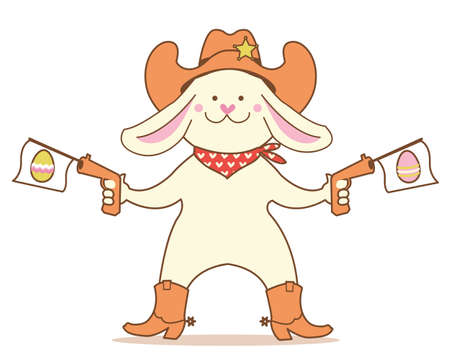 Cowboy easter rabbit and easter eggs. Cute bunny in cowboy hat and western boots hold guns isolated on white. Vector color illustration for card backgroundのイラスト素材