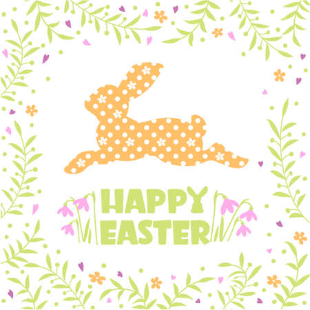 Happy easter card with rabbite silhouette and flowers frame decoration and holiday text. Vector tender color style greeting card background for designのイラスト素材