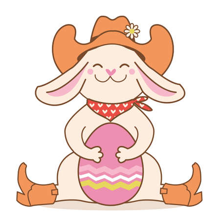 Cowboy rabbit and easter egg. Cute bunny in cowboy western hat and boots hold easter egg. Vector color illustration for card background isolated on whiteのイラスト素材