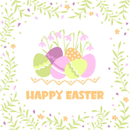 Happy easter card with color eggs and flowers frame decoration and holiday text. Vector tender color style greeting card background for designのイラスト素材