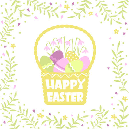 Happy easter card with basket silhouette and color eggs and flowers frame decoration. Vector tender color style greeting card background for designのイラスト素材