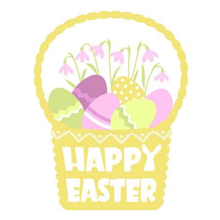 Happy easter basket silhouette and color eggs with flowers. Vector tender color style wicker basket illustration with text isolated on white for designのイラスト素材