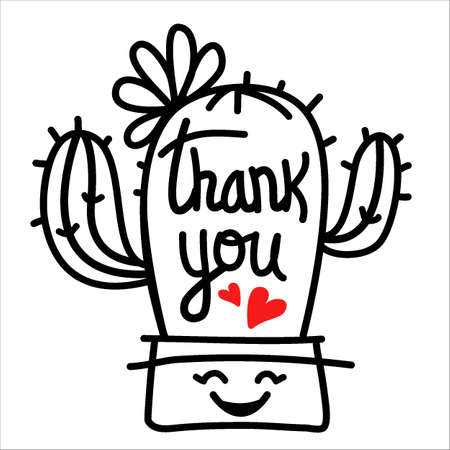 Cactus thank you outline black illustration isolated on white. Vector thanks succulent with cute smiling potのイラスト素材