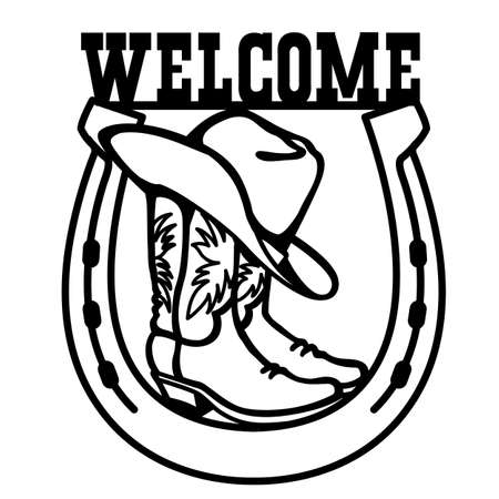 Cowboy boots and western hat. Vector graphic black cowboy Welcome sign illustration horseshoe rodeo isolated on white for print or designのイラスト素材