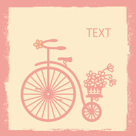 Vintage card with old style bicycle silhouette and flowers in wicker basket. Vector graphic illustration of vintage bike on scratched old paper texture background for textのイラスト素材
