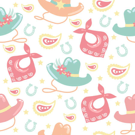 Cowboy Seamless pattern with western cowgirl elements. Wild West cowboy hats and horseshoes. Vector women tender style color backgroundのイラスト素材
