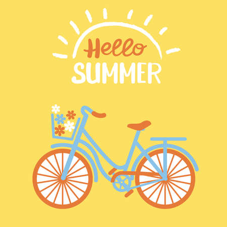 Hello summer vector bicycle with flowers in basket on yellow background for design or postcard. Vector bike in with lettering and sun.のイラスト素材