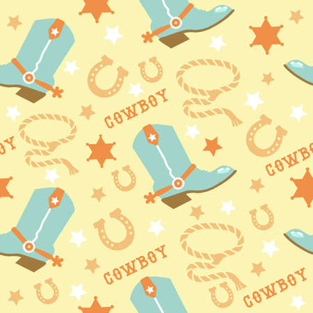 Cowboy boots seamless pattern with rodeo elements. Wild West cowboy boots and horseshoe and cowboy lasso. Vector baby style tender color backgroundのイラスト素材