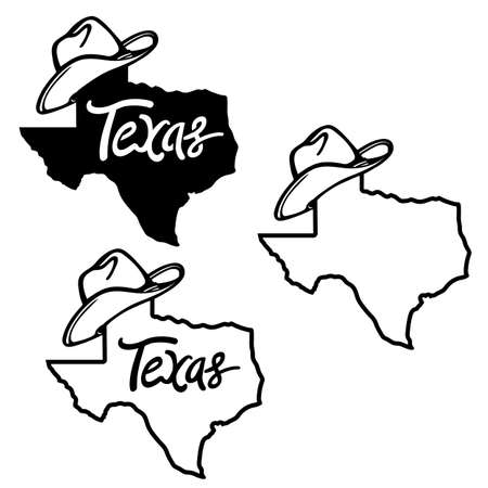 Texas map and cowboy hat Vector illustration of Texas maps black background silhouette with western hats and text isolated on white for design. Texas sign symbolのイラスト素材