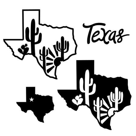Texas map and cactuses desert black silhouette Vector illustration of Texas maps black desert background silhouette with text isolated on white for design. Texas sign symbolのイラスト素材