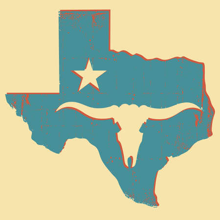 Texas map silhouette with bull skull on old paper texture background. Vector illustration of Texas map blue red silhouetteのイラスト素材