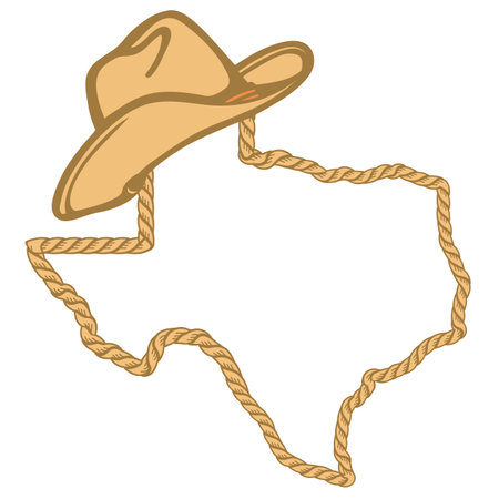 Texas map with lasso rope frame and cowboy hat isolated on white for design. Texas color sign symbolのイラスト素材