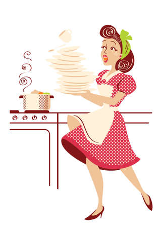 Funny Pin up woman cooks. Clumsy attractive woman falling plates and dishes in her kitchen. Vector vintage illustrationのイラスト素材
