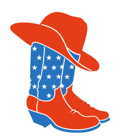 Cowboy boots and western hat. Vector red blue colors illustration of rodeo cowboy clothes with American flag decor isolated on white for designのイラスト素材