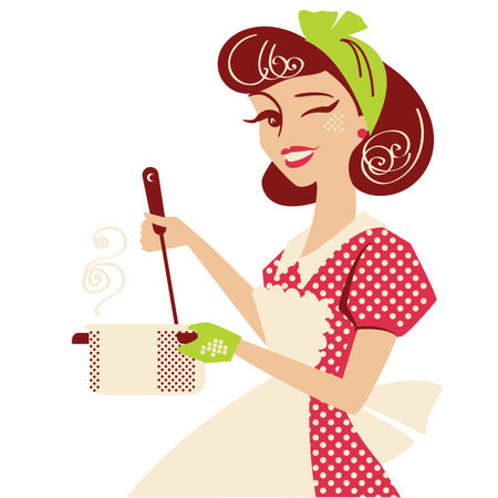 Housewife pin up in red retro dress cooking soup in her kitchen room. Vintage style vector illustration isolated on white for designのイラスト素材