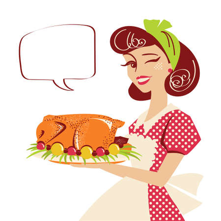 Housewife holding plate with roasted turkey. Vintage pin up woman cooks vector color ilustration isolated on whiteのイラスト素材