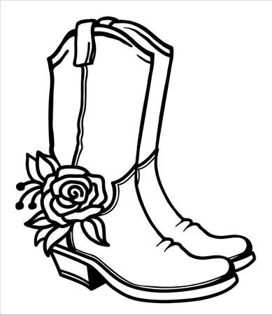 Cowboy boots and flowers decoration. Outline vector illustration isolated on white for printのイラスト素材