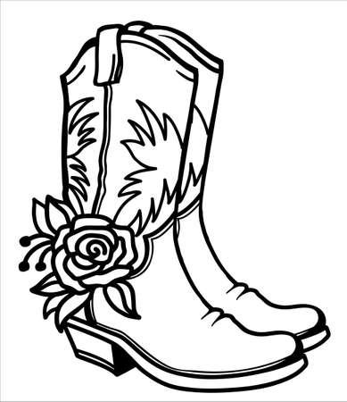 Cowboy boots with American traditional ornate and flowers decoration. Outline vector illustration isolated on white for printのイラスト素材