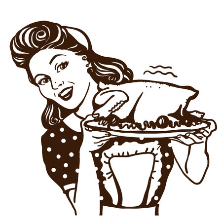 Retro smiling housewife holding plate of roasted chicken in hands. Pin up vector graphic illustration isolated on whiteのイラスト素材