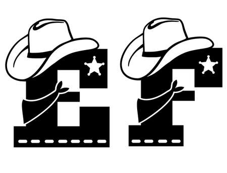 English alphabet black silhouette. Vector illustration of letter E and F with western decoration Cowboy hat and sheriff star isolated on white background. Cowboy baby cartoon party style charactersのイラスト素材