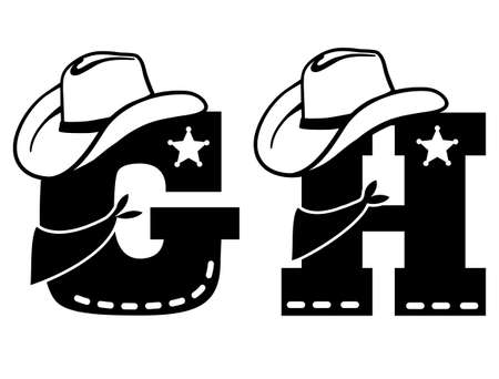 English alphabet black. Vector illustration of letter G and H with western decoration Cowboy hat and sheriff star isolated on white background. Cowboy baby cartoon party style charactersのイラスト素材