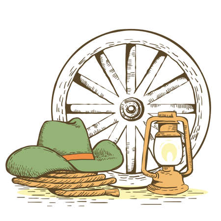 Cowboy hat and lasso. Vector Wild West vintage hand drawn illustration of Cowboy Ranch Concept isolated on white.のイラスト素材