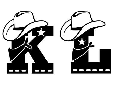 English alphabet black silhouette. Vector illustration of letter K and L with western decoration Cowboy hat and sheriff star isolated on white background. Cowboy baby cartoon style charactersのイラスト素材