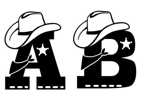 English alphabet. Vector illustration of letter A and B with western decoration Cowboy hat and sheriff star isolated on white background. Cowboy baby cartoon party style charactersのイラスト素材