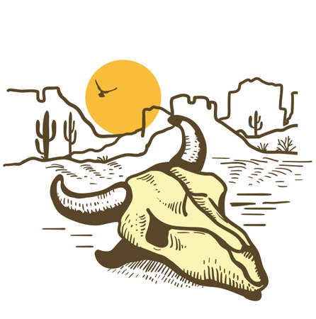 American desert landscape silhouette with cow skull on yellow sun. Vintage American Westerrn symbol hand drawn illustration landscape Arizona or Mexico hot sand isolated.のイラスト素材