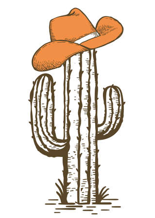 Cowboy hat on Cactus. Vintage American Westerrn symbol hand drawn color illustration isolated on white for design.のイラスト素材
