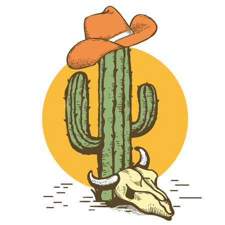 Cowboy hat on Cactus with cow skull and yellow sun. Vintage American Westerrn symbol hand drawn color illustration isolated on white for design.のイラスト素材