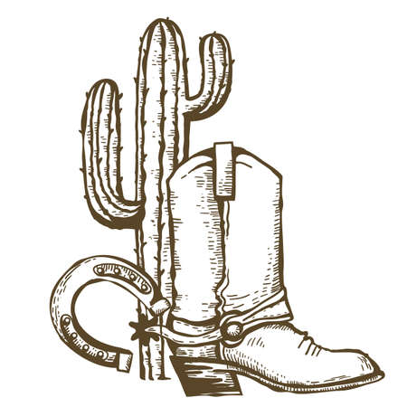 Cowboy boots, horseshoe and cactuses. Vintage Westerns symbol hand drawn illustration isolated on white.のイラスト素材