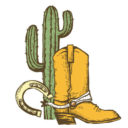 Cowboy boot, horseshoe and cactuses. Vintage Westerrn symbol hand drawn color illustration isolated on white for design.のイラスト素材