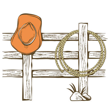 Cowboy American ranch with cowboy hat and lasso on wood fence. Vintage Westerrn symbol hand drawn color illustration isolated on white.のイラスト素材