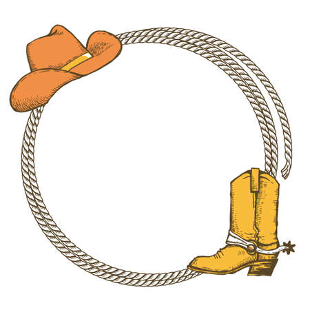 Rope frame with Cowboy hat and cowboy boot. Vector vintage illustration of Cowboy Ranch Concept isolated on white.のイラスト素材