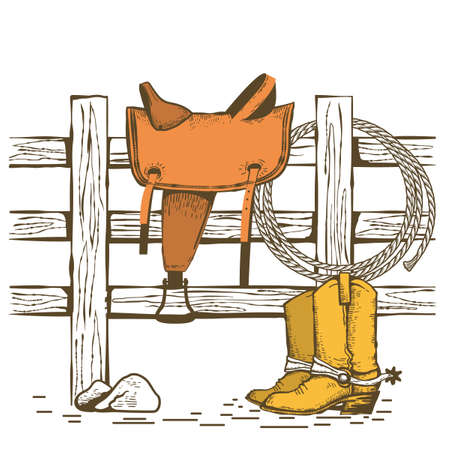 Cowboy American ranch with saddle and cowboy boots and lasso on wood fence. Vintage Westerrn symbol hand drawn color illustration isolated on white.のイラスト素材