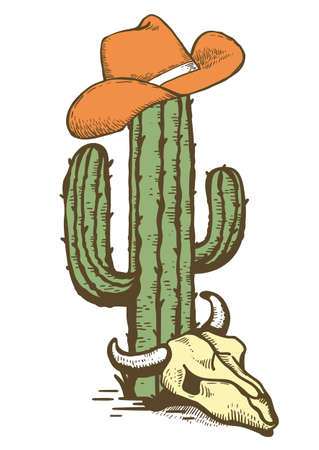 Cowboy hat on Cactus with cow skull. Vintage American Westerrn symbol hand drawn color illustration isolated on white for design.のイラスト素材