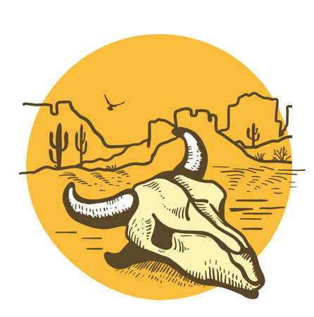 American desert landscape silhouette with cow skull on yellow sun. Vintage American Westerrn symbol hand drawn illustration landscape Arizona or Mexico hot sand isolated.のイラスト素材