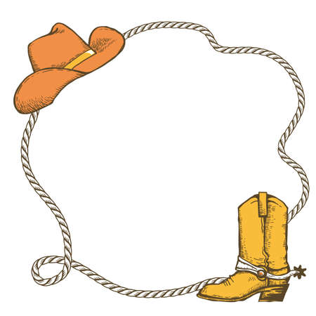Lasso frame with Cowboy hat and cowboy boot and rope. Vector vintage illustration of Cowboy Ranch Concept isolated on white.のイラスト素材