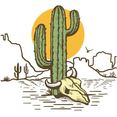 American desert landscape with Cactuses and bull skull. Arizona desert with yellow sun and cactuses silhouette. Vintage Westerrn symbol hand drawn color illustration isolated on white for design.のイラスト素材