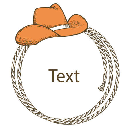 Cowboy boots , cowboy hat and lasso. Vector American style vintage illustration of Cowboy Ranch Concept isolated on white.のイラスト素材