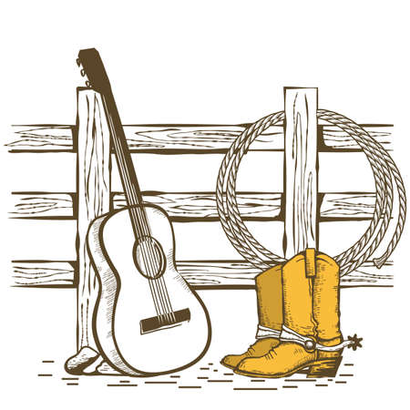 Western country music poster with cowboy clothes and music guitar background for text. Vintage Westerrn symbol hand drawn illustration isolated on white.のイラスト素材