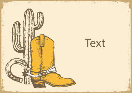 Cowboy boot and cactus on old paper background. Vintage Westerrn symbol hand drawn illustration on old paper texture for textのイラスト素材