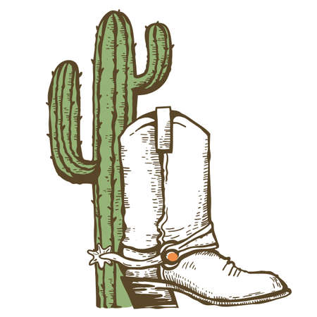 Cowboy boot and cactuses American desert. Vintage Westerns symbol hand drawn color illustration isolated on white for design.のイラスト素材