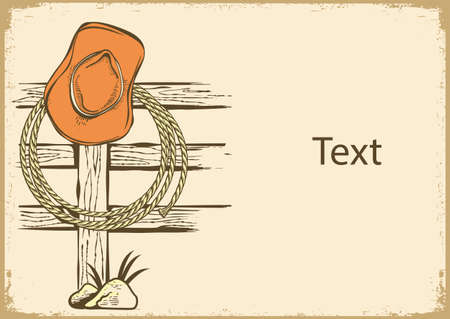 Cowboy American ranch background with cowboy hat and lasso on wood fence. Vintage Westerrn symbol hand drawn illustration on old paper texture for textのイラスト素材